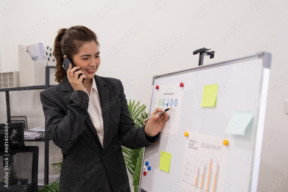 Poster portrait of business woman using mobile phone and making a call while working from office
