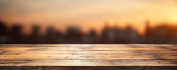 Counter mockup. Empty wooden table or boards with blured glitters in background.