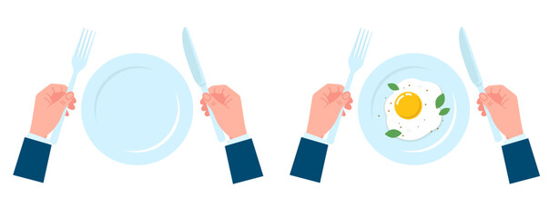 Empty porcelain plate. Bowl full of scrambled eggs. Knife or fork in hand. Omelet at breakfast. Lunch eating. Dishware and cutlery at dining table. Top view. Human arms. Vector concept - obrazy, fototapety, plakaty