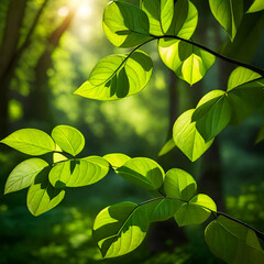 Fototapeta na wymiar Lush green leaves basking in the warm sunlight, a quintessential image of spring's renewal.