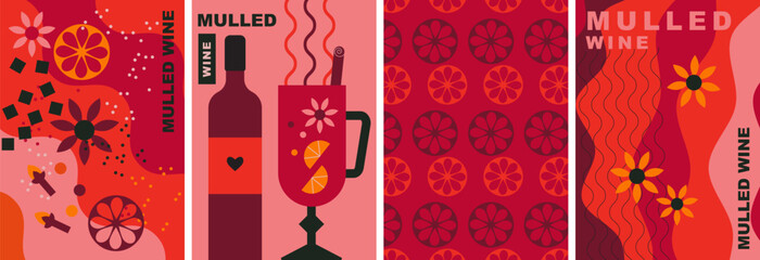Mulled wine posters collection. Decorative abstract flat vector illustration, wine and spices. Red wine. Perfect background for menu, cover design. Spicy and healthy warm winter drink. Festive drink. - obrazy, fototapety, plakaty