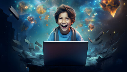 Young boy playing on a computer in an abstract, multiverse ambient