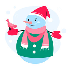 Cute snowman in hat and long scarf feeds bird. Color Illustration