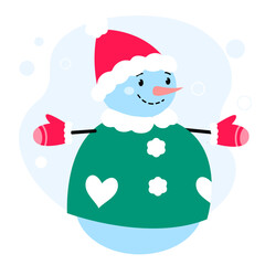 Cheerful snowman in green coat and red hat. Colorful illustration on white background