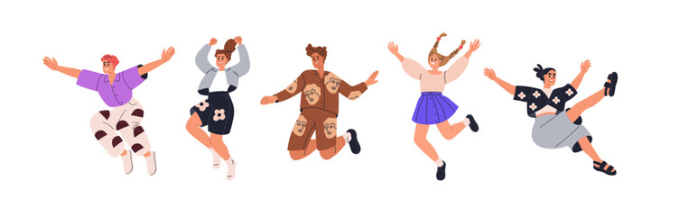Characters jumping up, set. Happy young people celebrating success, triumph. Active joyful women, men flying with positive energy. Flat graphic vector illustrations isolated on white background