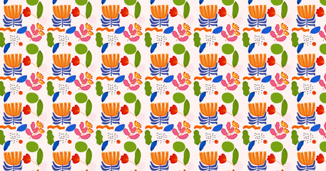 Artistic colorful seamless pattern floral, plants and flowers background design vector illustration. Tropical, organic, abstract modern.