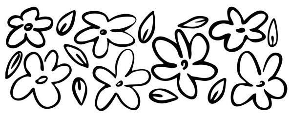Hand drawn black paint chamomiles. Ink drawing flowers and leaves in naive style, childish or primitive drawing. botanical illustration.  Black and white vector.  Abstract blossom with stems.
