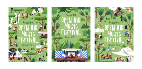 Open-air music and street food festival, posters and flyers set. Outdoor fest, summer holiday picnic in park. Promotion placard designs with tiny people in nature. Isolated flat vector illustrations