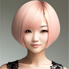 beautiful women with short bob haircut, white lace top, pink blush, roses background, generation ai, 생성형, 인공지능