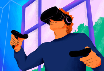 Man using VR headset, illustration