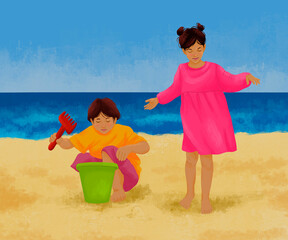 Children playing on beach, illustration