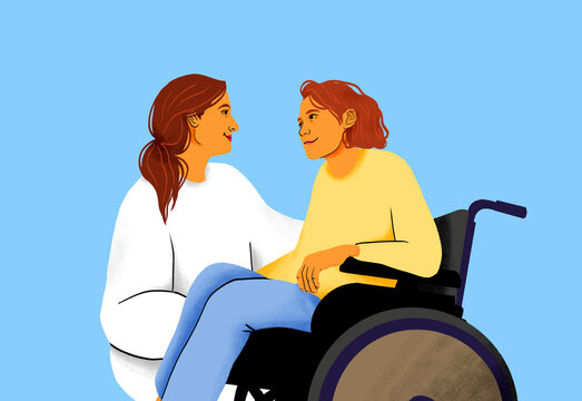 Mother talking to daughter with disability, illustration