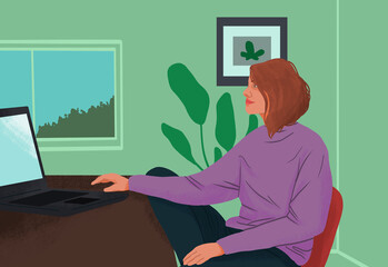 Woman using laptop, illustration