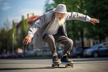 Obraz premium Energetic cheerful elderly man enjoying skateboarding.