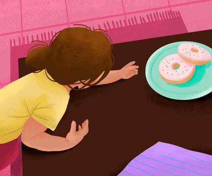 Girl reaching for donuts, illustration