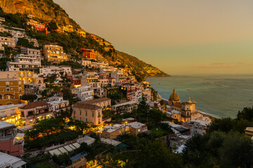 Postiano Italy, 29 october 2023 - The town of Positano at noght on the Amalfi coast seen from uphill