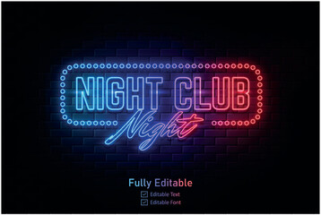 Vector neon effect light night party editable text effect and night club logo for neon text effect	