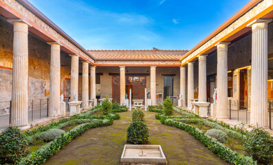 Pompeii, Italy, 30 october 2023 - Garden of a house at the excavations of the old town of Pompeii