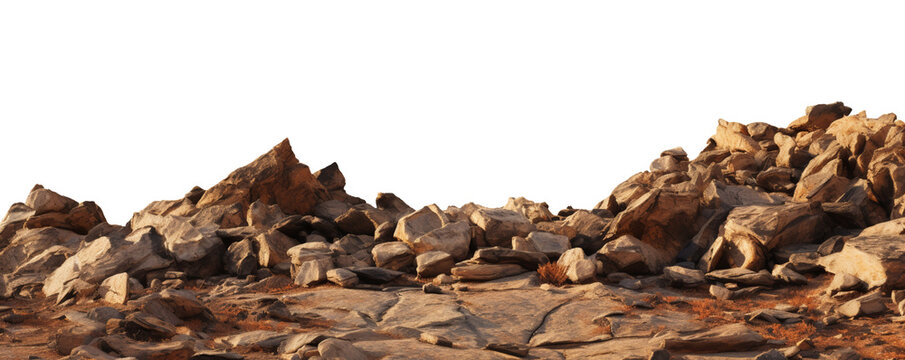 Rocky ground, mountain slope on foreground, isolated PNG cutout. Element for matte painting or photobashing, copy space.
