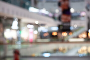 Blurry view of a bustling mall interior with various shops and boutiques, capturing the shopping...
