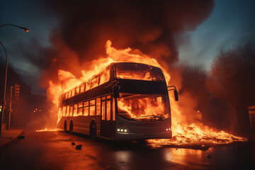 At night, a bus is burning on the street with a bright flame and there is thick smoke. - obrazy, fototapety, plakaty