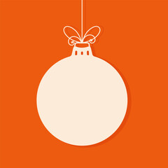 Christmas bauble hanging on an orange background. White tag. Christmas ball. Happy Holidays vector card.