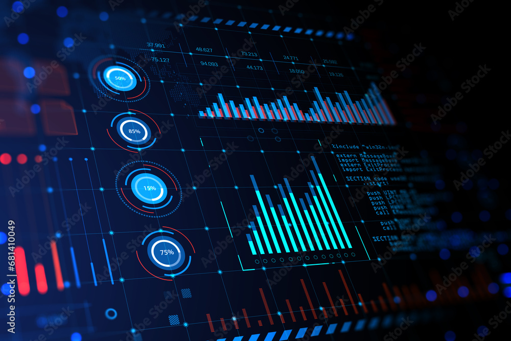 Poster Digital analytics dashboard with key performance indicators. 3D Rendering