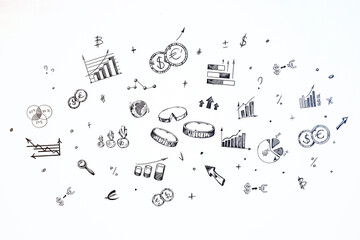 Financial icons and graphs hand drawn on whiteboard, strategy and analysis concept