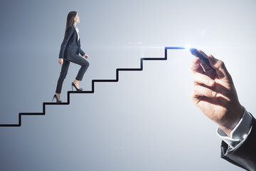Businesswoman ascending hand drawn stairs, concept of progress and career advancement - obrazy, fototapety, plakaty