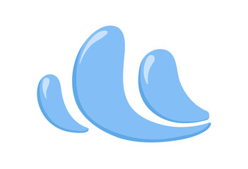 Water splash, wave, flow. Clean pure fresh aqua splatter. Drops, waterdrops, blue liquid blobs in motion. Refreshing cold fluid element. Flat vector illustration isolated on white background