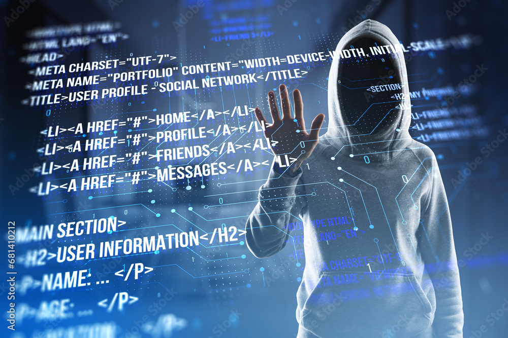 Fototapete Hacker using creative digital programming language on blurry background. Software developer, hacking, malware and html concept. Double exposure.