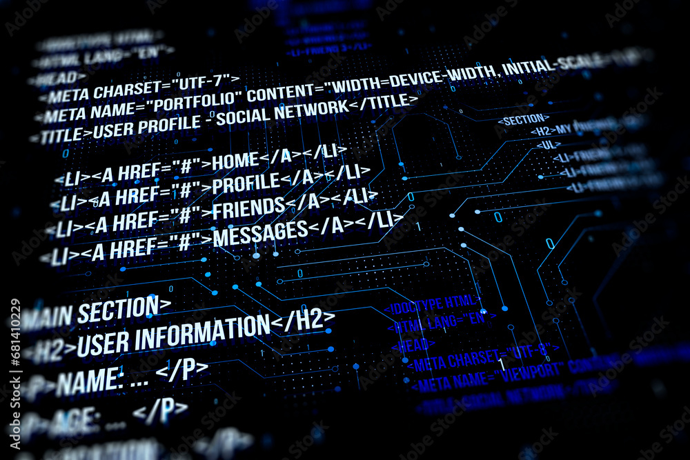 Fototapete Creative digital programming language on dark backdrop. Software developer and html concept. 3D Rendering.