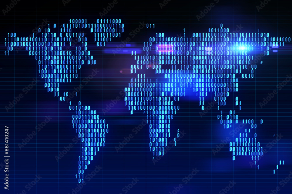 Aufkleber Abstract glowing digital pixel squares map of the world with spotlights. Global business concept. 3D Rendering.