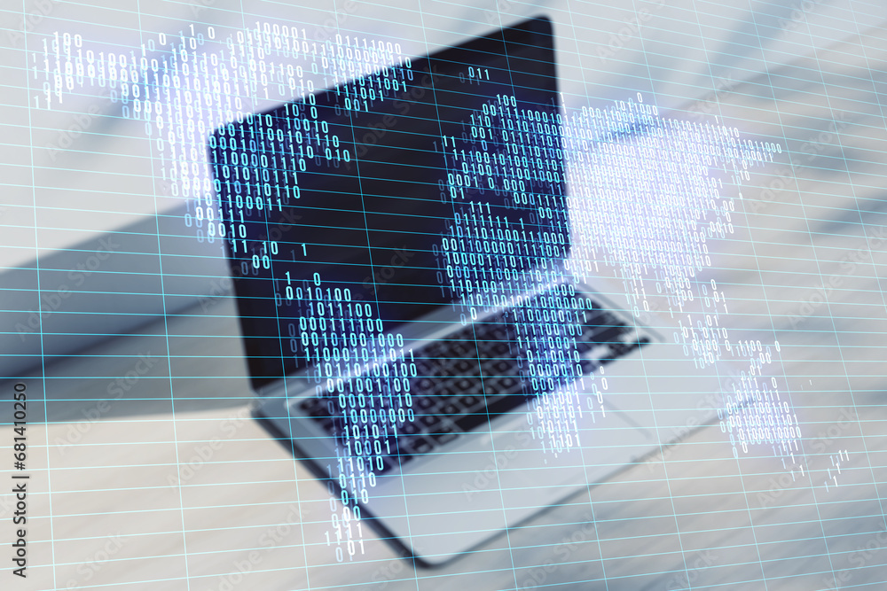 Poster close up of notebook at light workplace with glowing digital pixel squares map of the world with spo