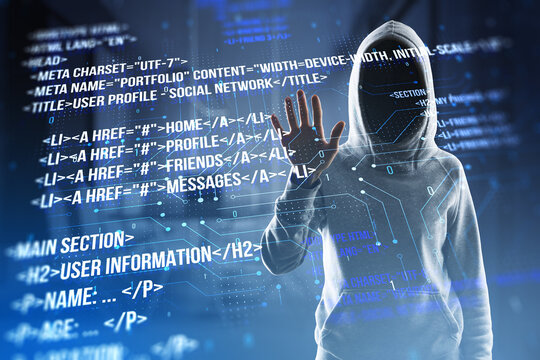 Hacker using creative digital programming language on blurry background. Software developer, hacking, malware and html concept. Double exposure.