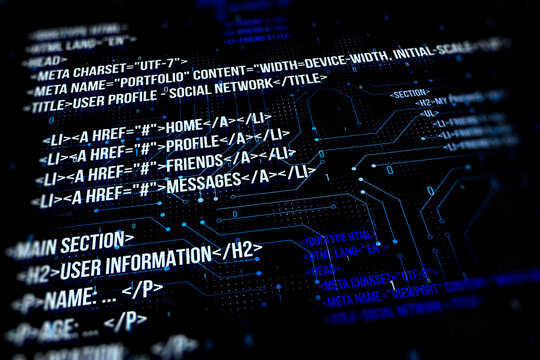 Creative digital programming language on dark backdrop. Software developer and html concept. 3D Rendering.