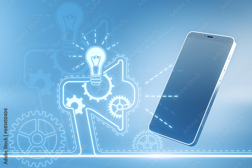 Poster close up of smartphone with creative digital marketing hologram on blue background. promotion and al