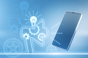 Close up of smartphone with creative digital marketing hologram on blue background. Promotion and alert concept. 3D Rendering.