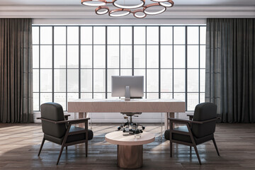 Modern classic office interior with wooden furniture and concrete walls, window with city view and...