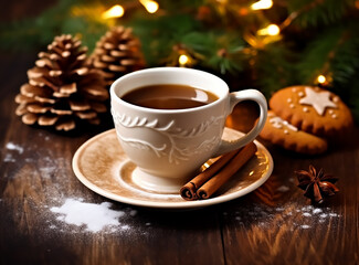 Obraz na płótnie Canvas hot cup of coffee with cinnamon sticks and charismas cookies, Coffee beans, Christmas vibes