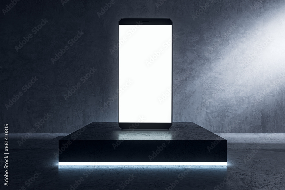 Aufkleber Close up of empty white smartphone on pedestal on concrete background with light. Presentation concept. Mock up, 3D Rendering.