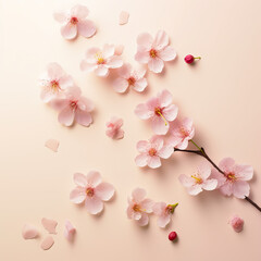 Fototapeta na wymiar Hanami day celebration with cherry blossoms. Studio photography, close-up, isolated on modern cream background