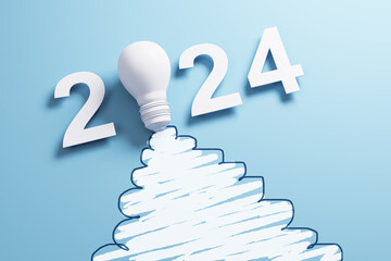 Obraz premium Lightbulb with 2024 launch trail on blue background, symbolizing innovation and future aspirations. 3D Rendering