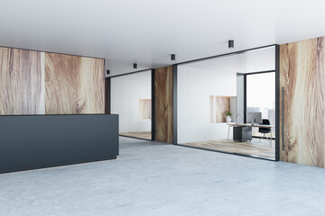 Contemporary glass office hall interior with wooden and concrete walls, window with city view,...