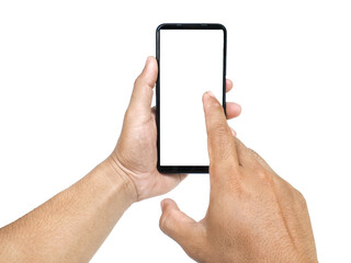 Male hands holding white screen and playing cell phone with two hands on white background Business...