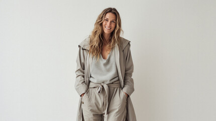 Beautiful young woman in a gray trench coat on a white background.