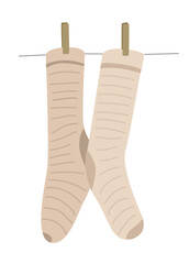 a socks hanging on a rope, clothesline. Flat illiustration