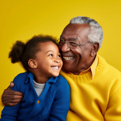 happy grandfather with gray hair, African appearance hugs his granddaughter on a bright yellow background