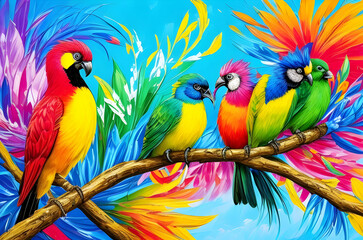 Obraz premium Parrots on a branch oil painting for wall art
