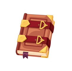 Old magic book. Ancient antique medieval vintage paper literature closed with straps. Fantasy mystery witchcraft manuscript in leather cover. Flat vector illustration isolated on white background